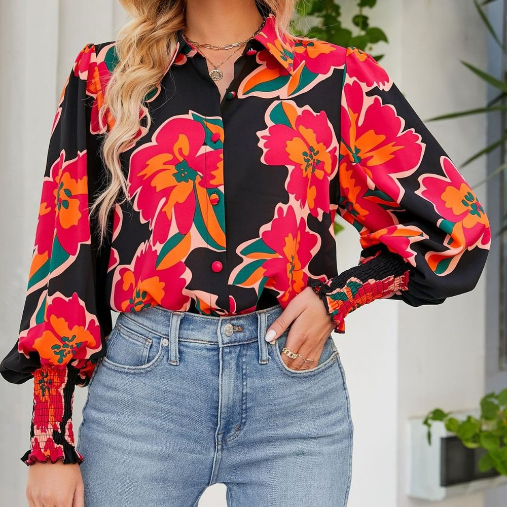Printed bubble shoulder lantern long sleeve shirt